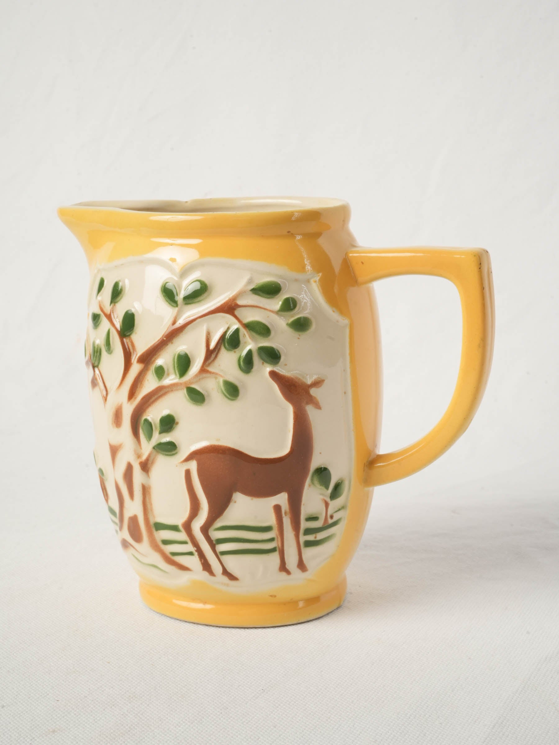 French Art Deco Barbotine Pitcher w/ Deer Decoration c. 1940s - 6¾"