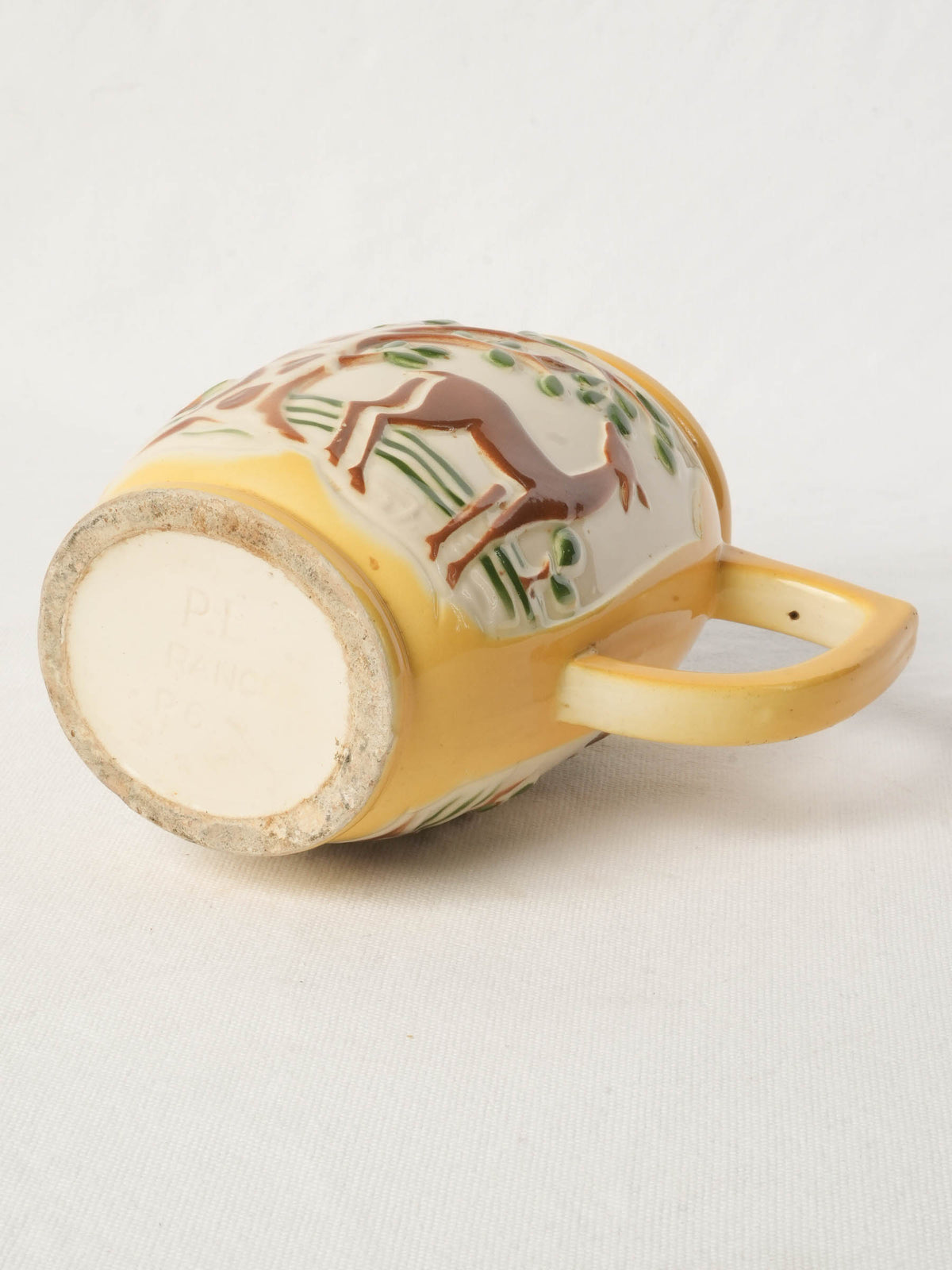 French Art Deco Barbotine Pitcher w/ Deer Decoration c. 1940s - 6¾"
