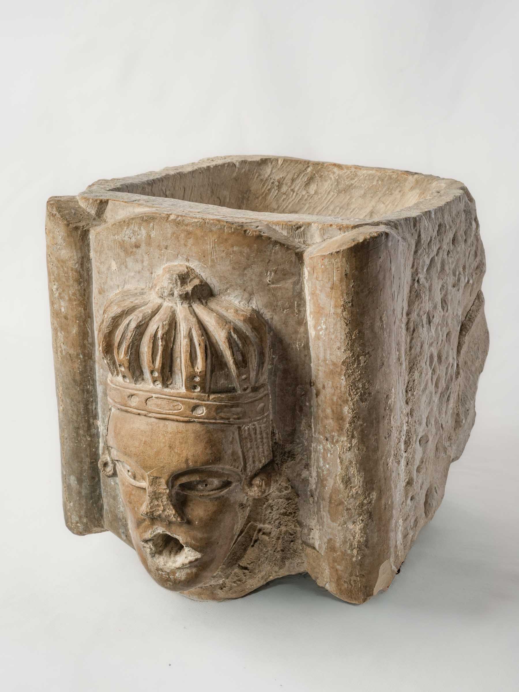 Architectural Carved Stone Water Spout with Crowned King's Head, Circa 1600 - 12¼"