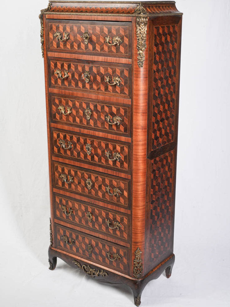 Striking Late 19th-Century French Marquetry Tall Secrétaire Chest - 52¼"