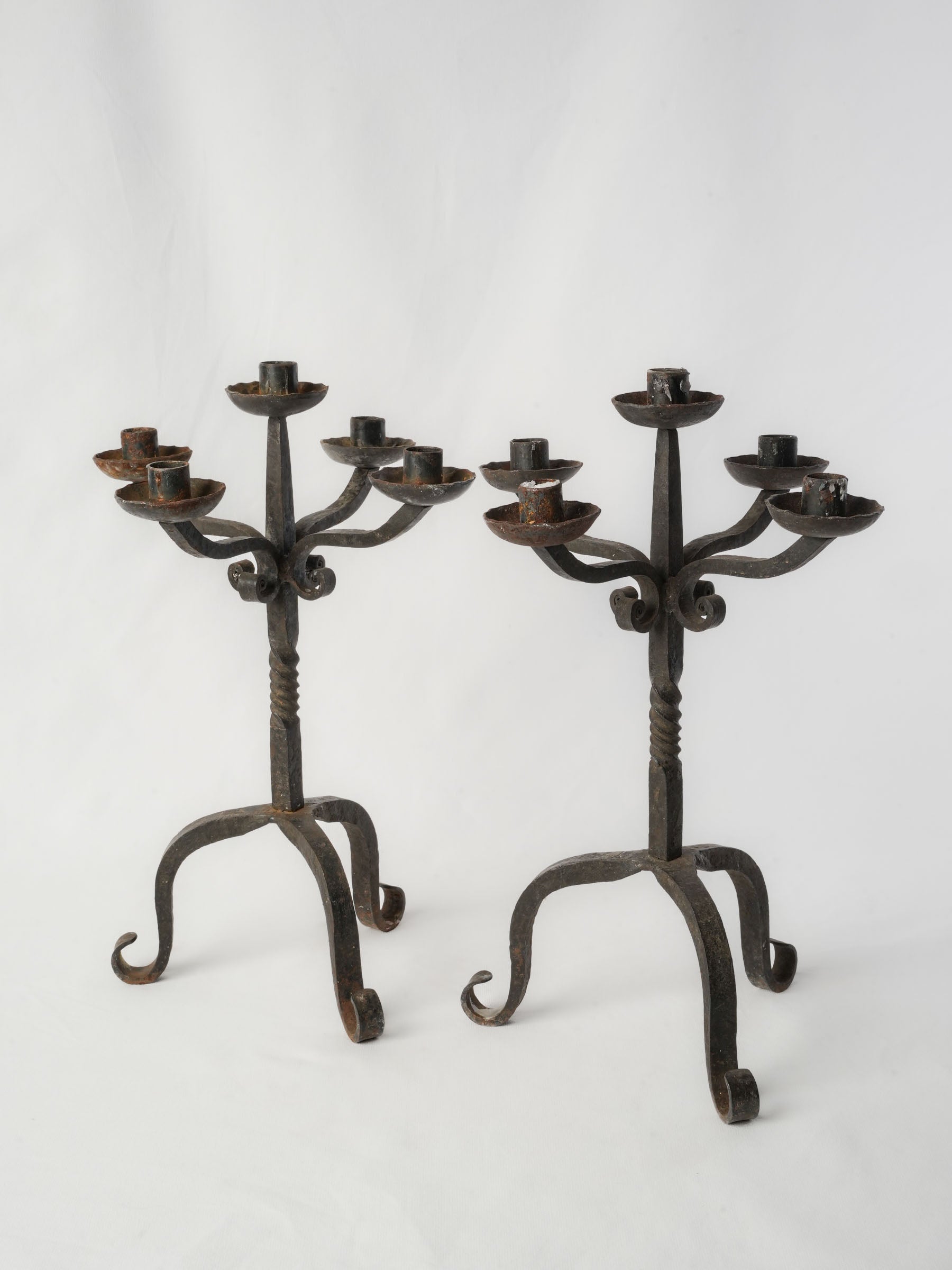 Pair of Hand-Forged Five-Light Iron Candelabra, c. 1950 - 17¼"