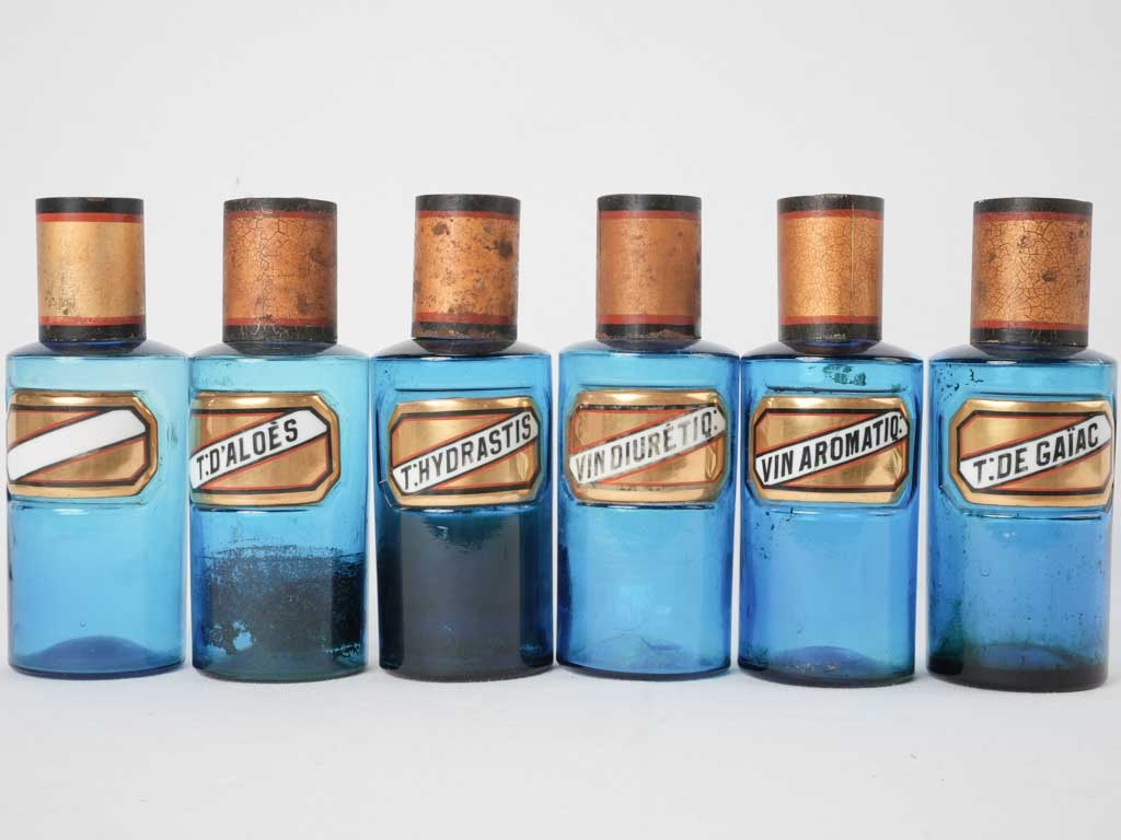 Six 19th century French apothecary glass jars - blue 8"