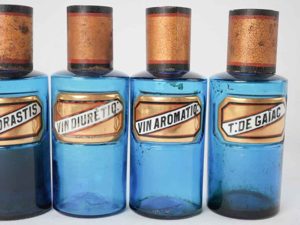 Six 19th century French apothecary glass jars - blue 8"