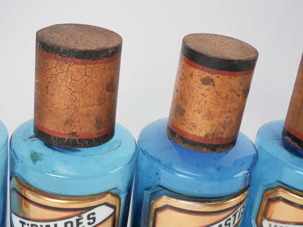 Six 19th century French apothecary glass jars - blue 8"