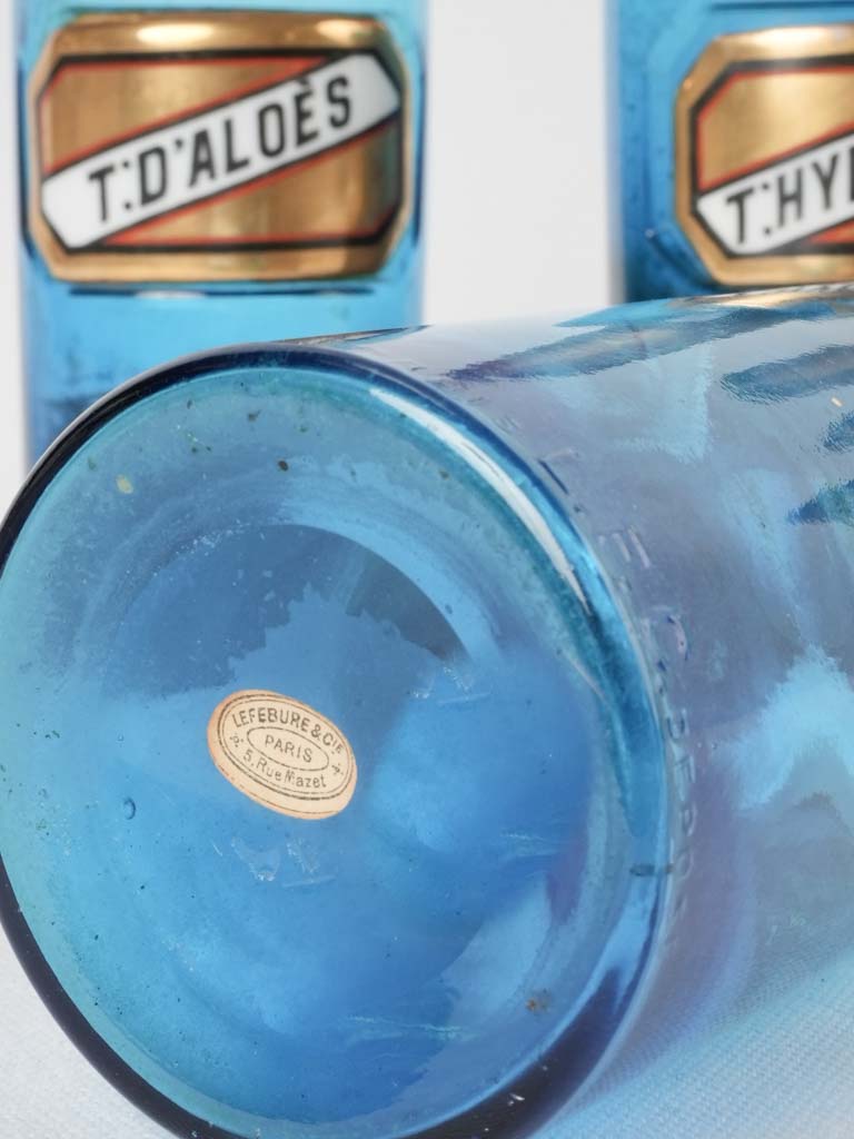 Six 19th century French apothecary glass jars - blue 8"