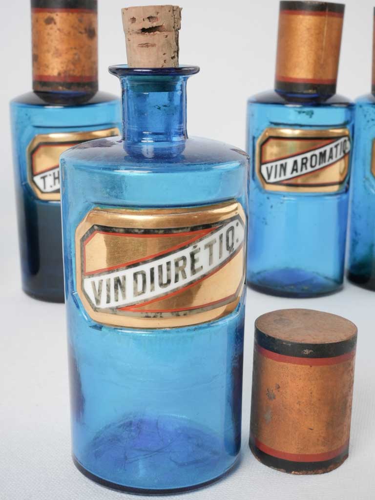 Six 19th century French apothecary glass jars - blue 8"
