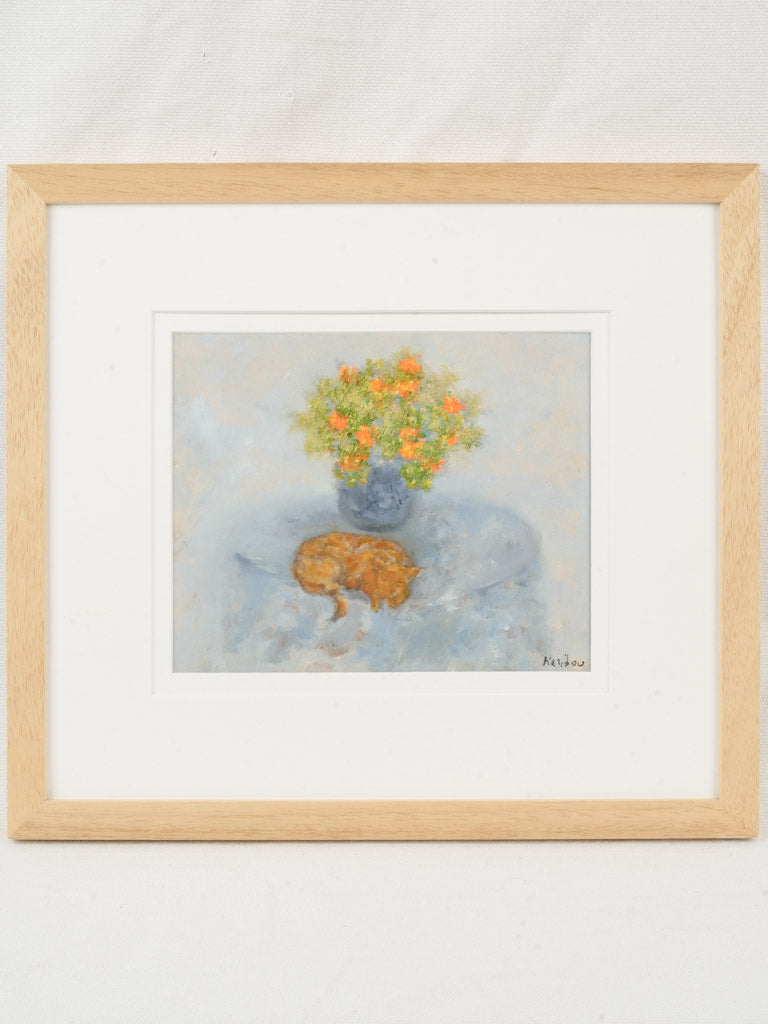 Small Contemporary Painting By Karibou - Le Chat Aux Soucis - Cat With Marigolds -13¾" x 15¼"
