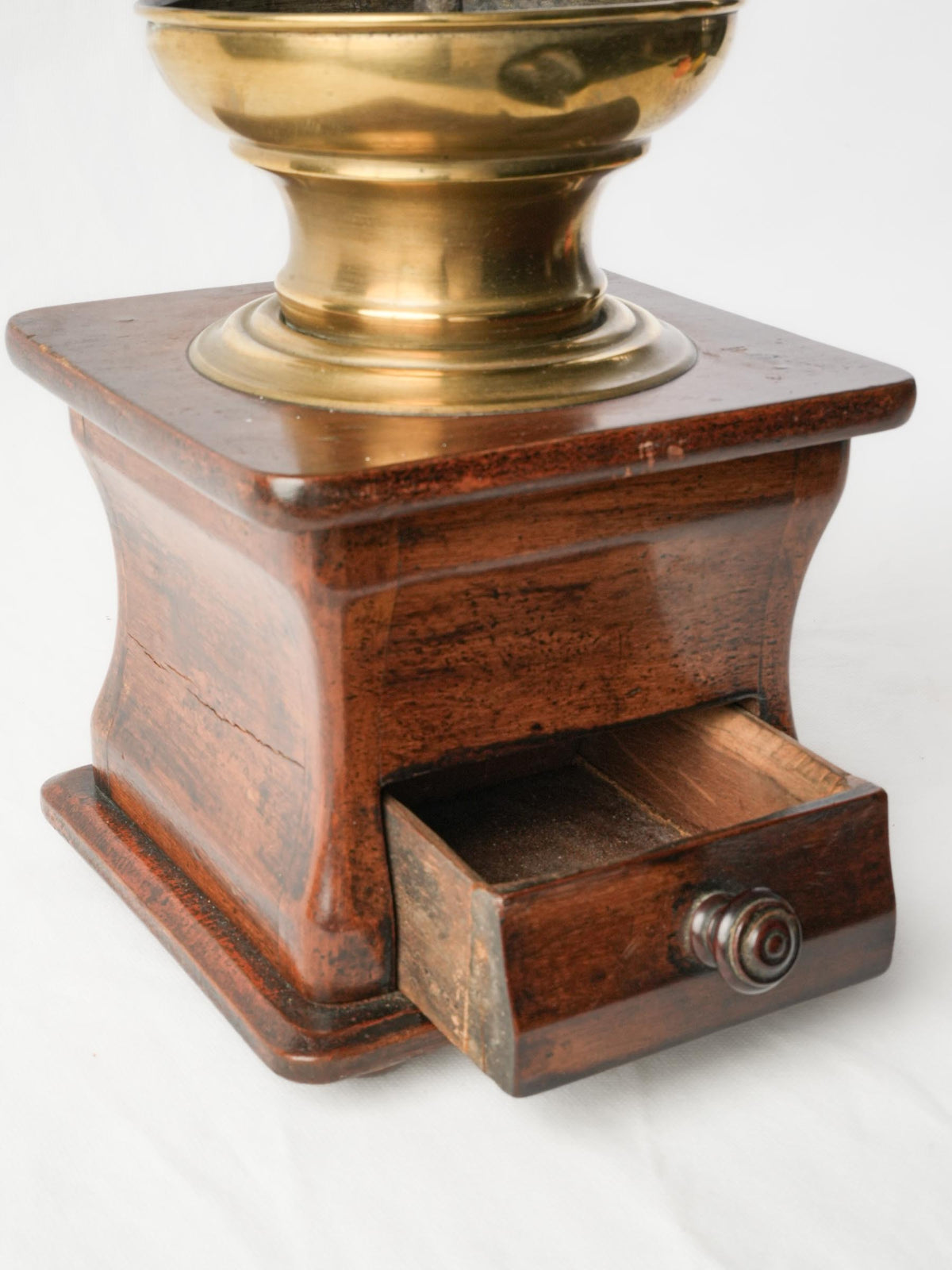 Antique French Walnut and Brass Coffee Grinder w/ Drawer - 13½"