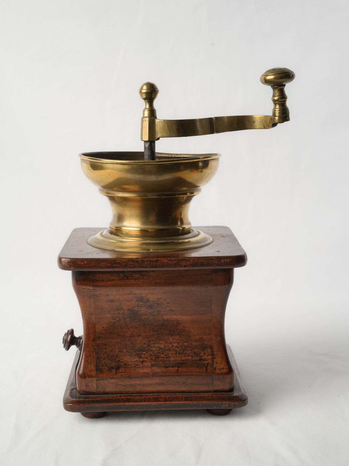 Antique French Walnut and Brass Coffee Grinder w/ Drawer - 13½"