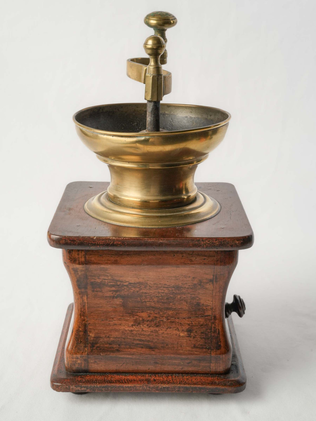 Antique French Walnut and Brass Coffee Grinder w/ Drawer - 13½"