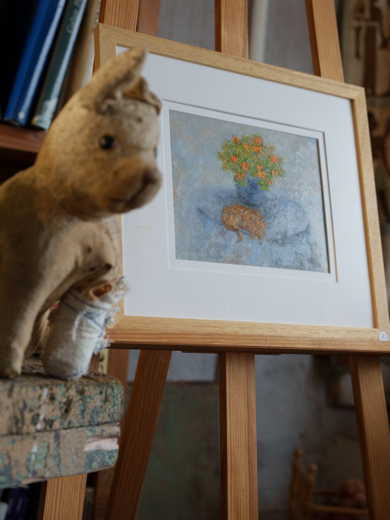 Small Contemporary Painting By Karibou - Le Chat Aux Soucis - Cat With Marigolds -13¾" x 15¼"