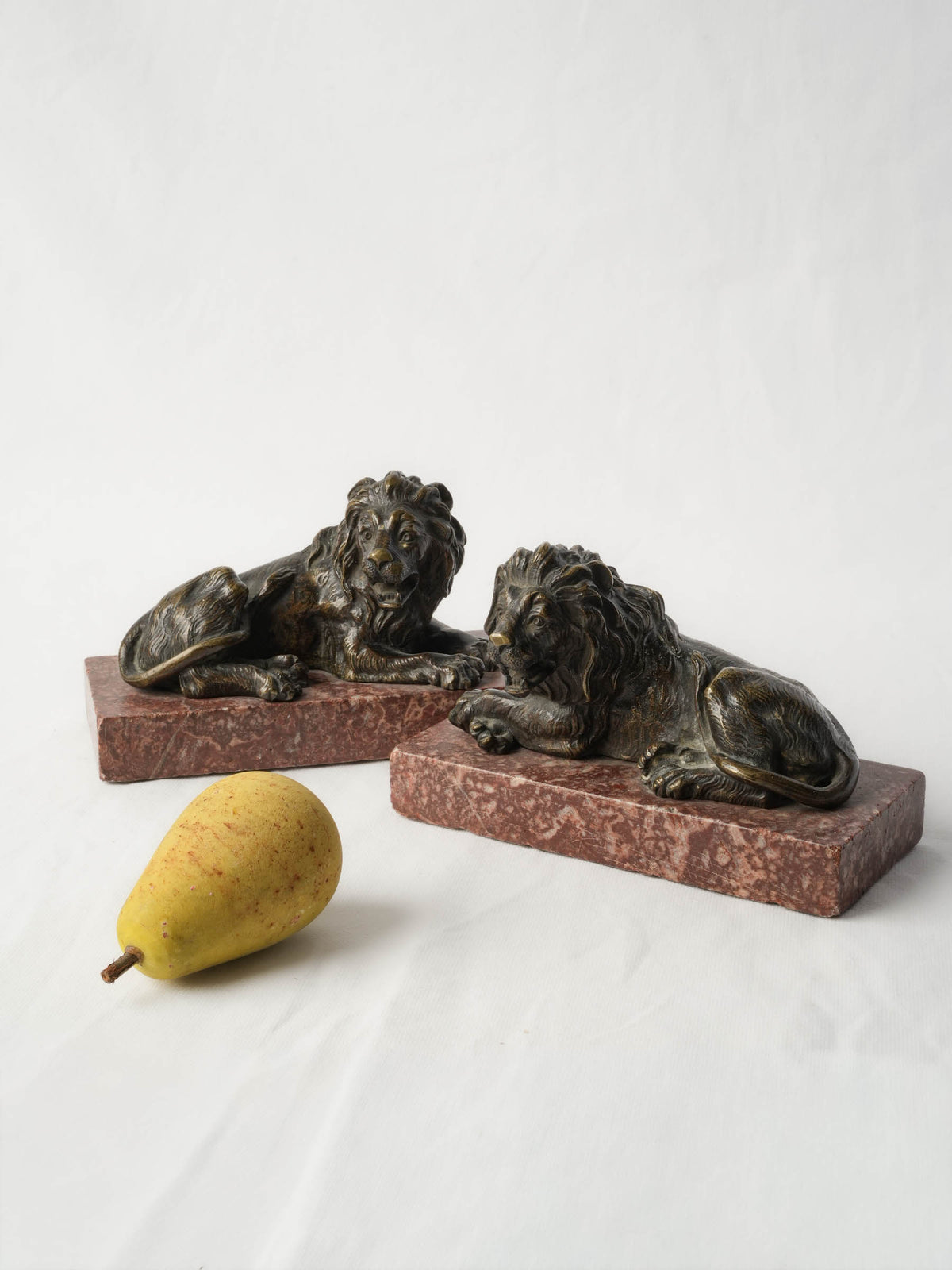 Pair of Late 19th-Century Bronze Recumbent Lions on Red Marble Bases - 6"