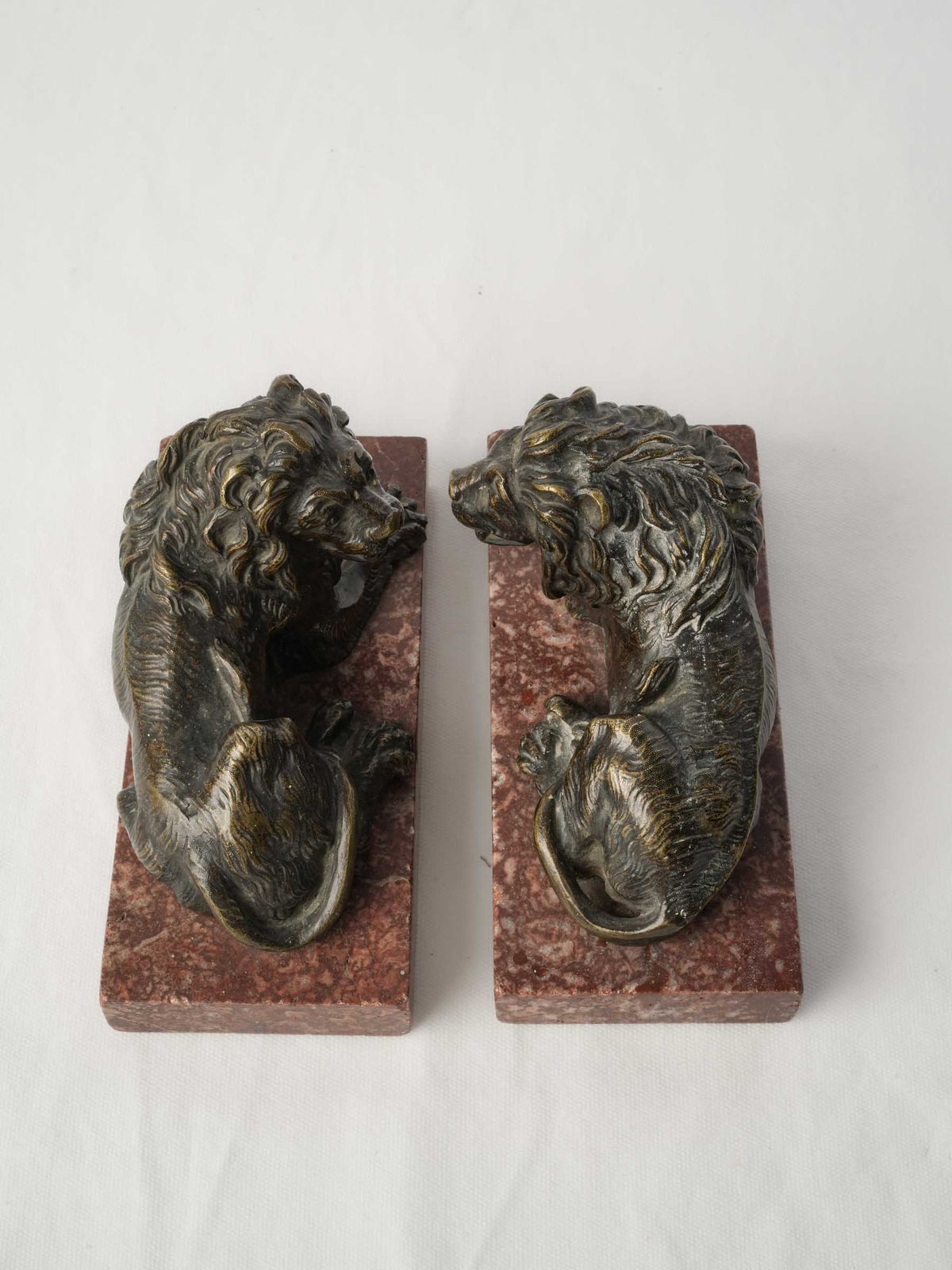 Pair of Late 19th-Century Bronze Recumbent Lions on Red Marble Bases - 6"
