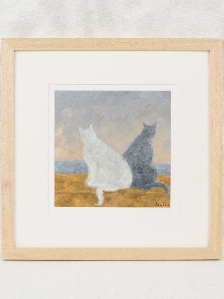 Small Contemporary Painting By Karibou - Les Chats du Bord de Mer - Cats By The Seashore - 14¼" x 14¼"