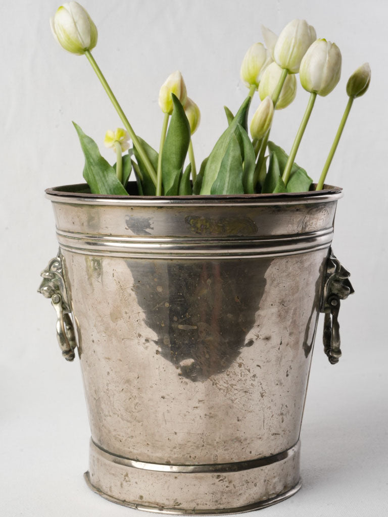 Late 19th-Century Neoclassical Silver-Plated Ice Bucket W/ Lion Ring Handles - 9"