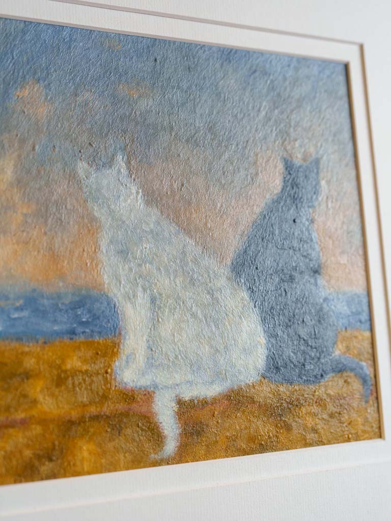 Small Contemporary Painting By Karibou - Les Chats du Bord de Mer - Cats By The Seashore - 14¼" x 14¼"