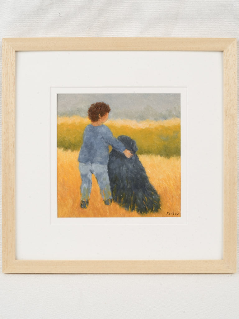 Small Contemporary Painting By Karibou - L'Enfant et le Chien (The Child and The Dog) - 14¼" x 14¼"