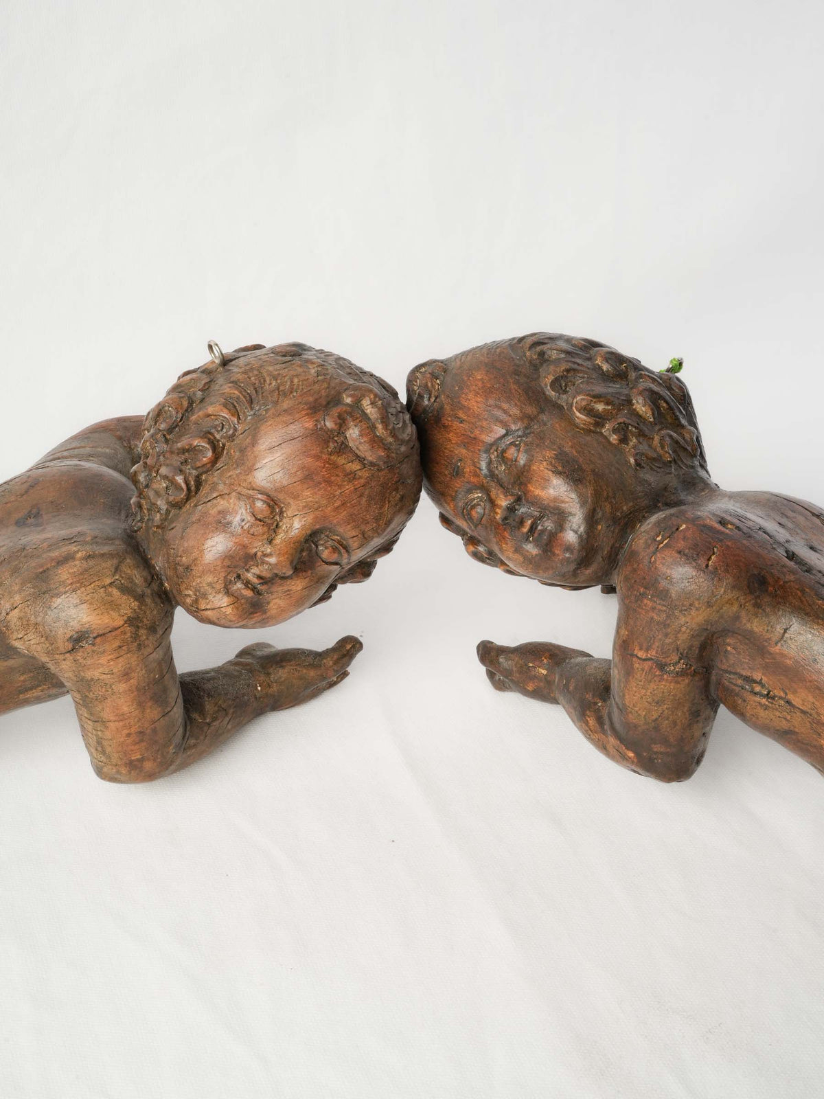 Pair of 18th-Century Carved Wooden Cherubs for Wall Display - 20½"