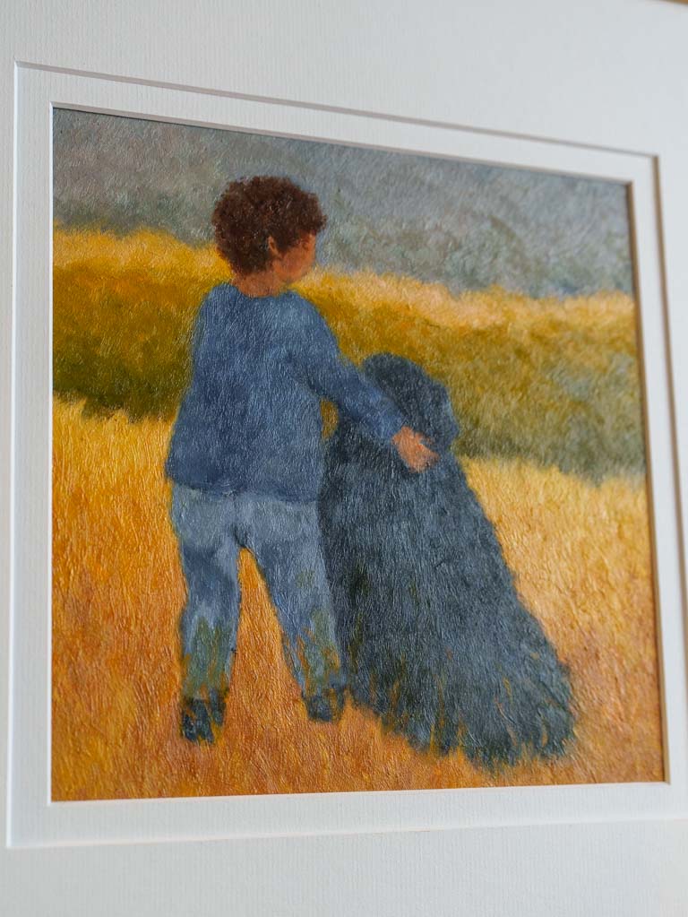 Small Contemporary Painting By Karibou - L'Enfant et le Chien (The Child and The Dog) - 14¼" x 14¼"