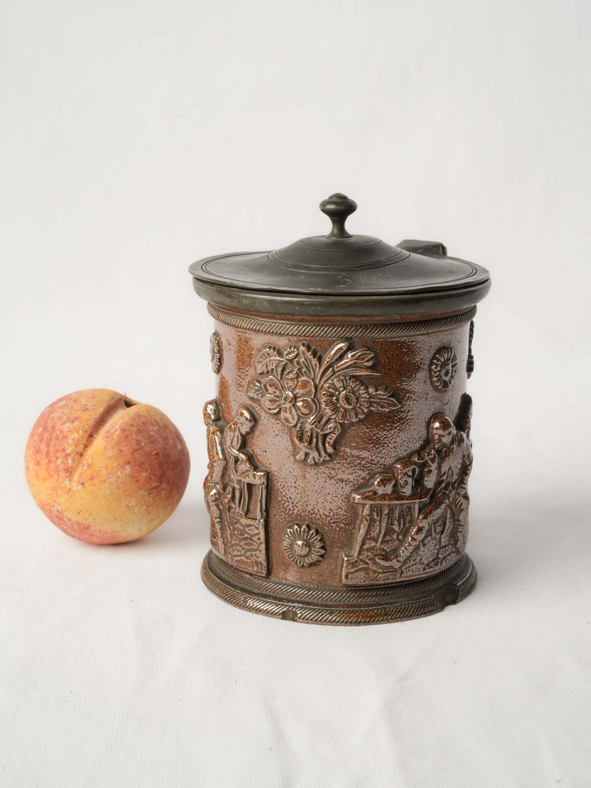 Antique French Stoneware Tobacco Jar w/ Pewter Lid and Pipe-Smoker Relief - 6¼"