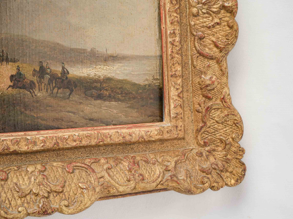 Small 19th-Century Oil on Panel of a Landscape w/ Cavalry Figures, in Giltwood Frame - 11¾" x 13½"