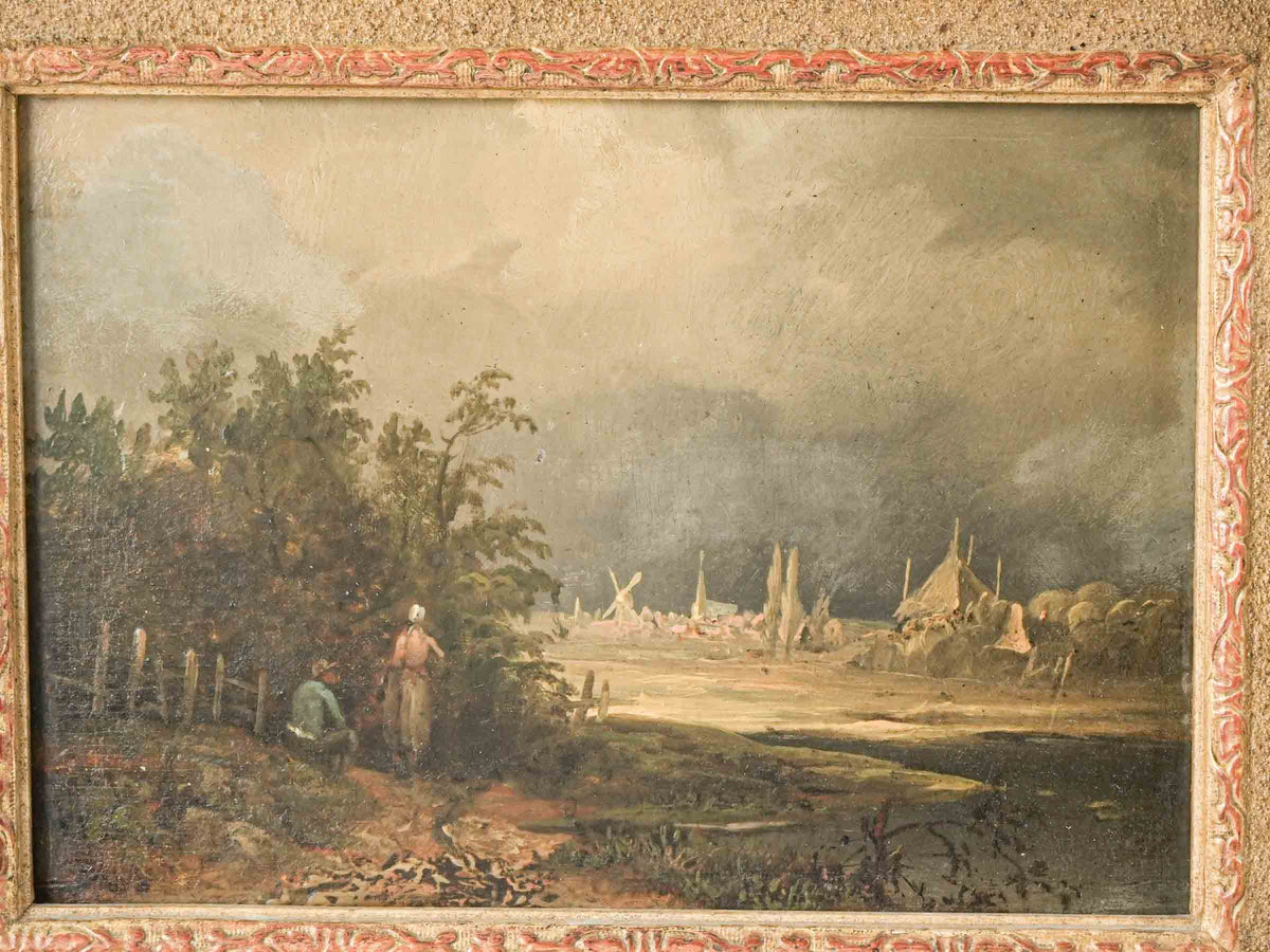 Petite 19th-Century Oil on Panel of a Rural Village w/ Windmill in Giltwood Frame -9¾" x 11¾"