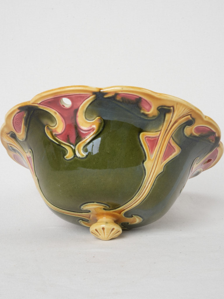porcelain hanging planter Art Nouveau Hanging Planter in Green, Pink, & Yellow Faience Majolica