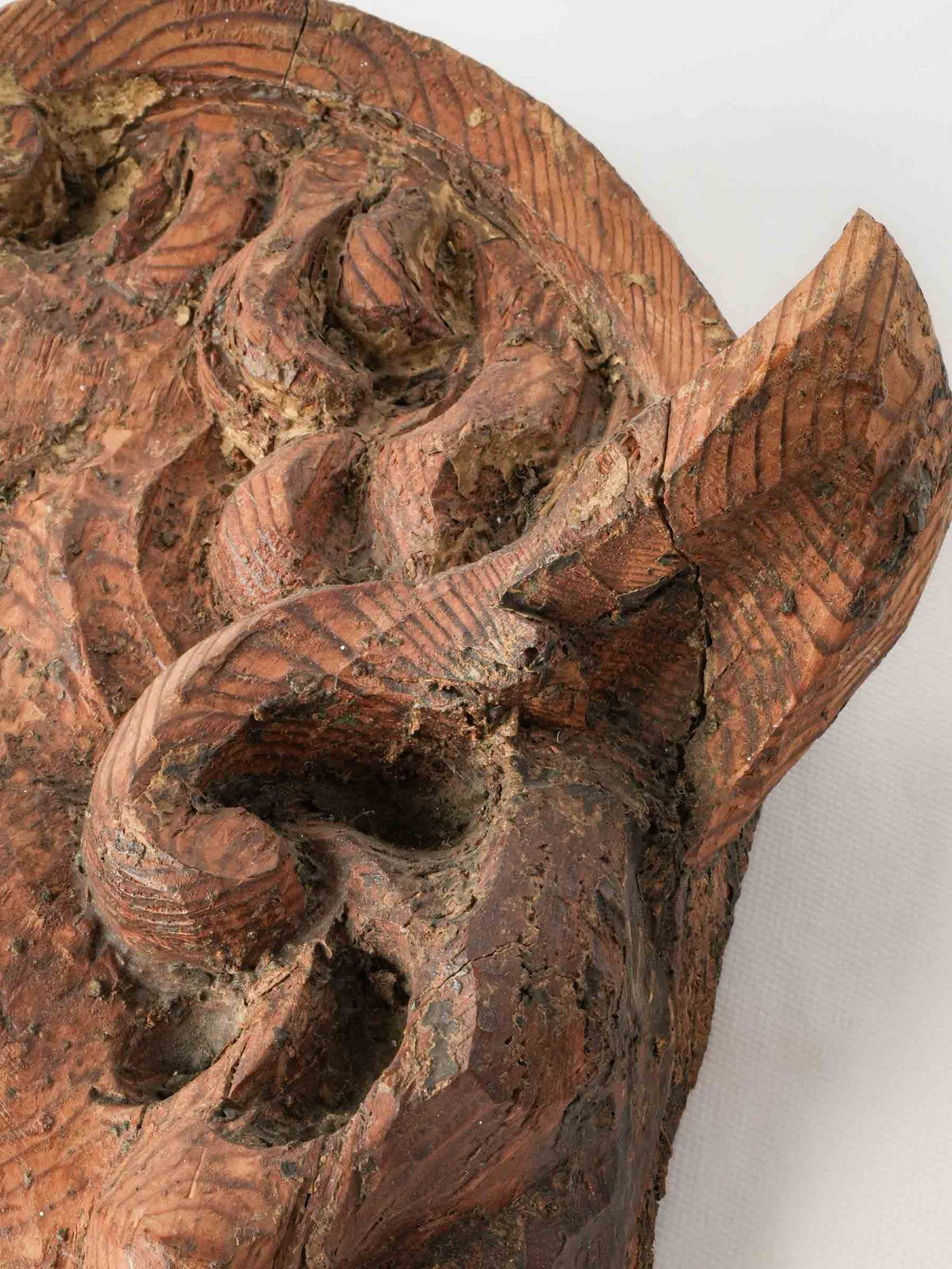 Pair of Large Expressive 19th-Century Carved Wooden Folk Art Faun Heads - 17¾"