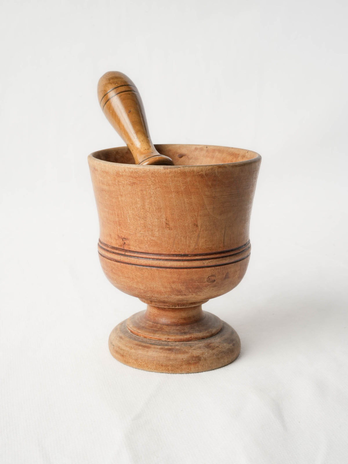 Small 19th-Century French Hand-Turned Wood Mortar and Pestle, Warm Honey-Brown Tone - 4¾"