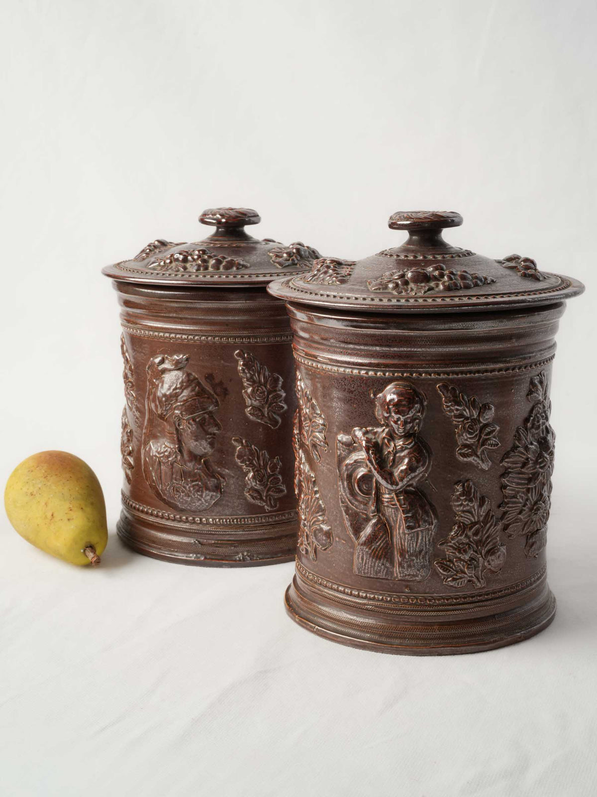 Pair of 19th-Century French Stoneware Tobacco Jars w/ Neoclassical Relief Decoration - 9¾"