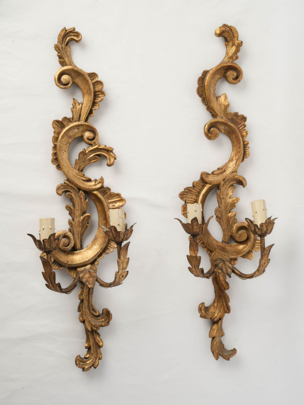 Pair of Italian Giltwood Two-Light Rococo Revival Wall Sconces, circa 1900 - 24¾"