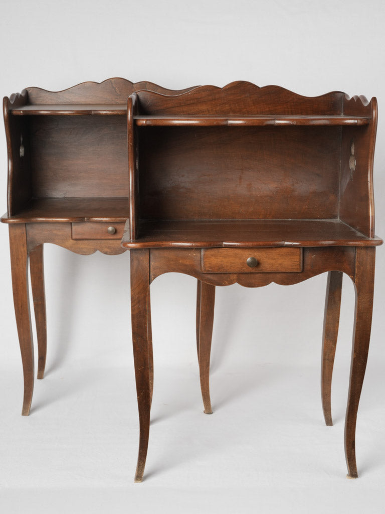 Ornate aged French clover nightstands, walnut