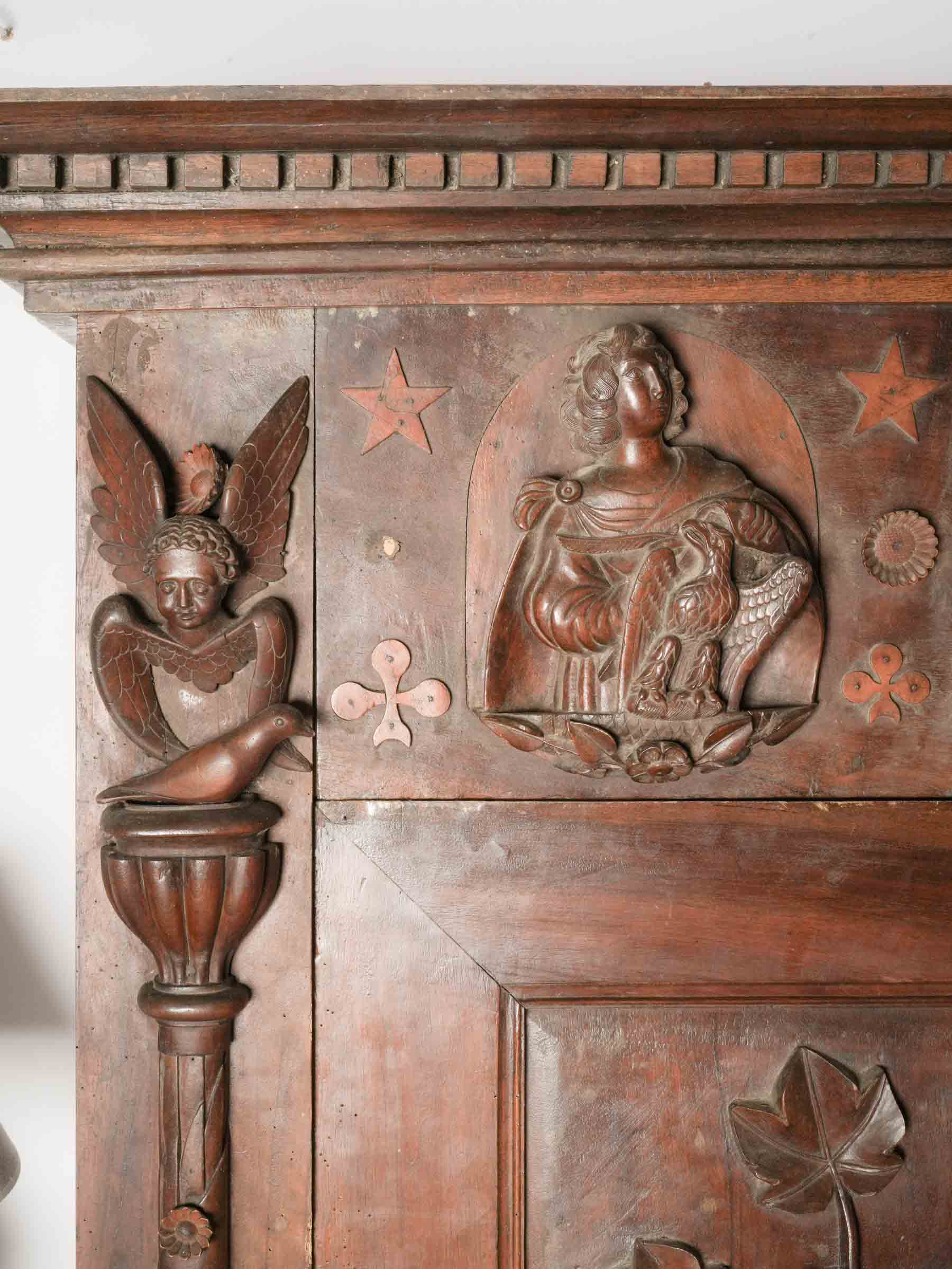 Exceptional French Folk-Art Walnut Armoire w/ Religious Iconography, Dated 1875 - 87" x 77¼"
