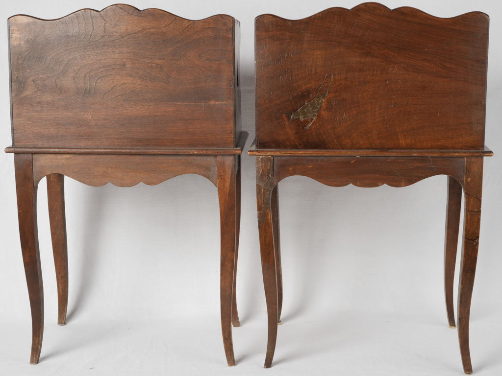 Ornate aged French clover nightstands, walnut