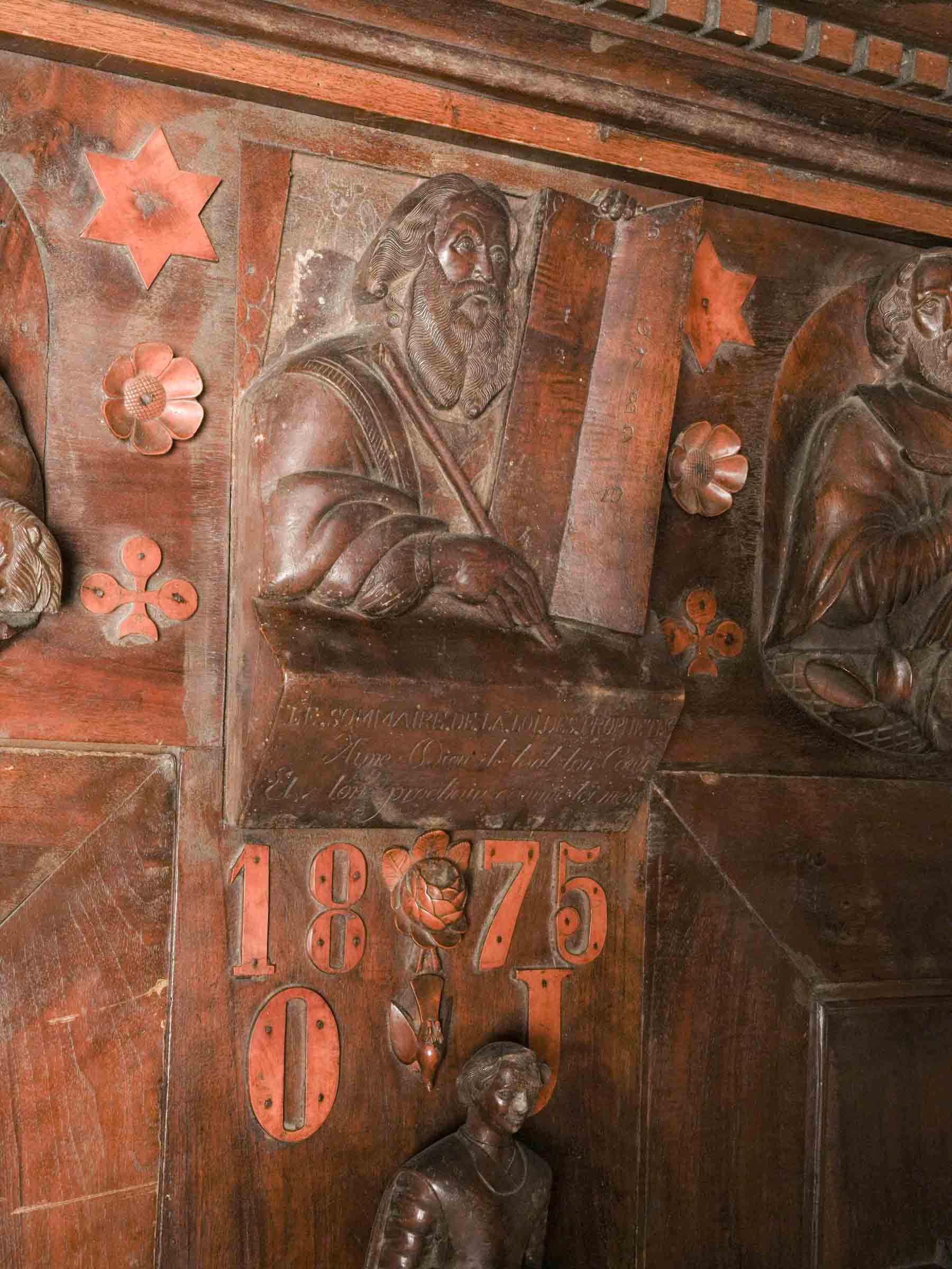 Exceptional French Folk-Art Walnut Armoire w/ Religious Iconography, Dated 1875 - 87" x 77¼"