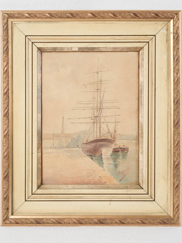 French Watercolor of a Moored Sailing Vessel Dated 1897 - 19¾" x 16½"