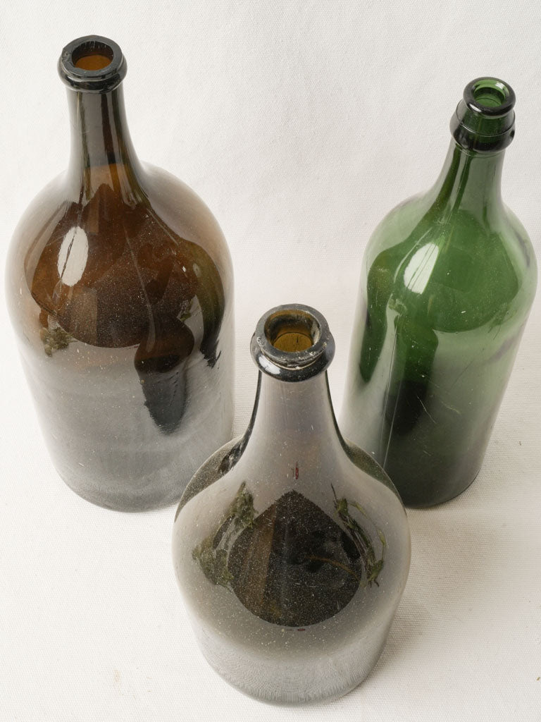 Set of 3 Antique French Hand Blown Wine Bottles in Green and Amber Glass - 15¾"