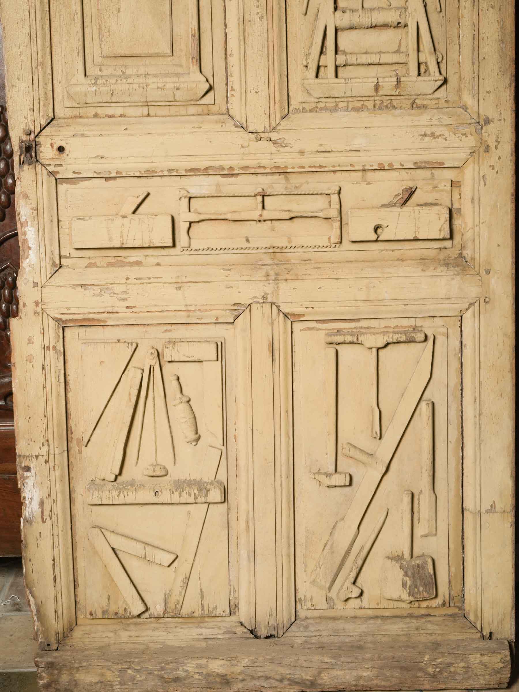Rare French Compagnonnage Temple Door w/ Carpenter and Joiner Emblems, 19th Century - 80¾" x 40¼"