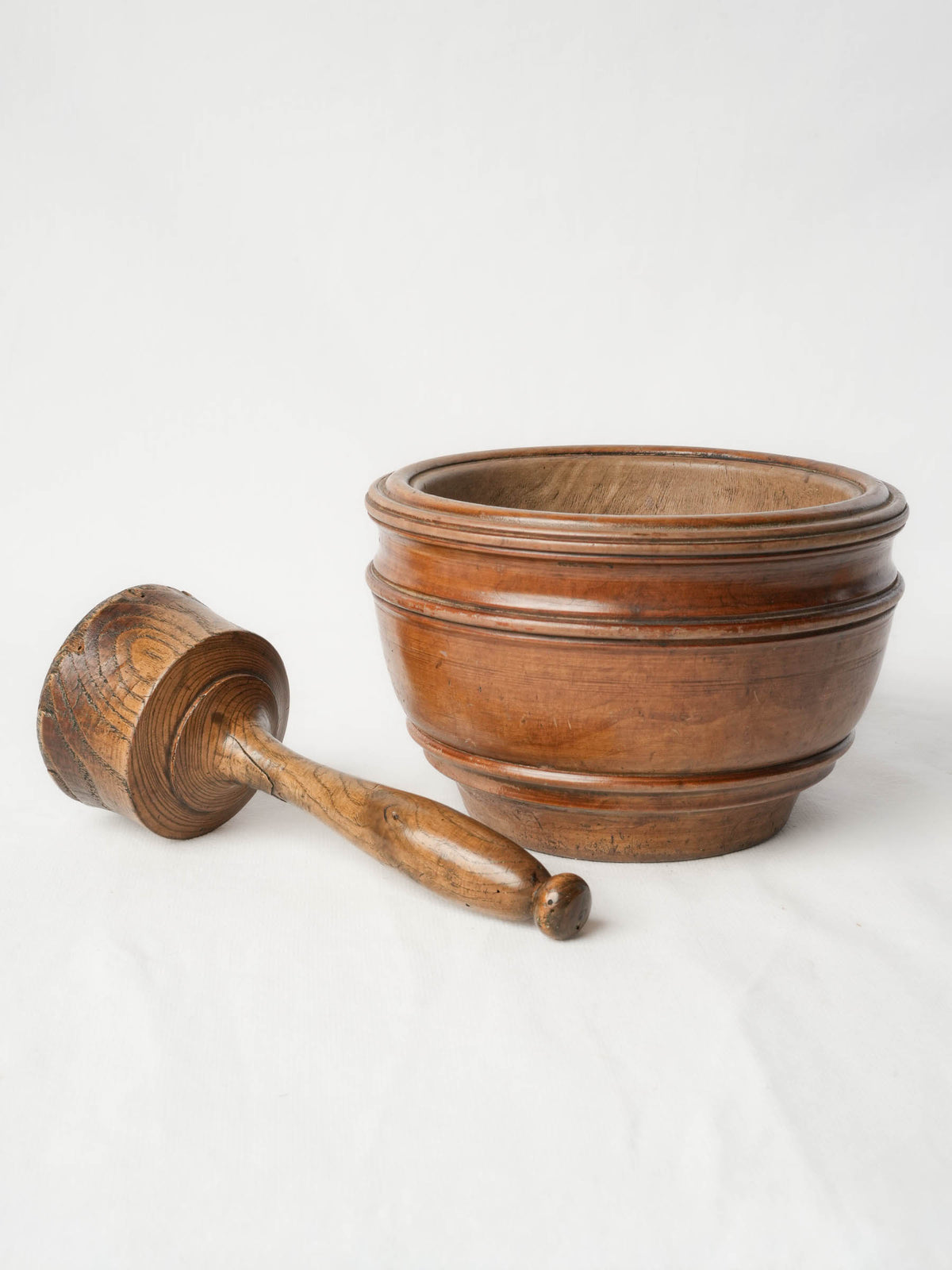 Antique French Turned-Wood Mortar and Pestle w/ Warm Patina - 4¾"