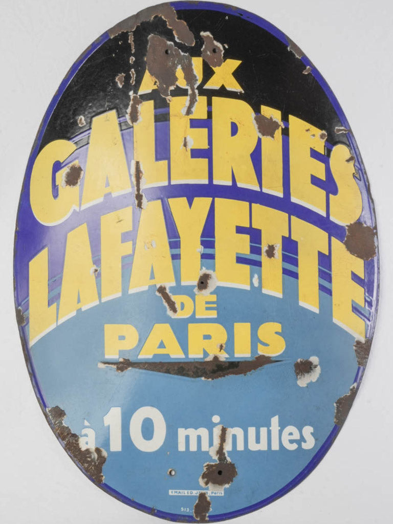 Rare Art Deco Enamel Advertising Sign for Galeries Lafayette Paris c. 1930 - 39½"