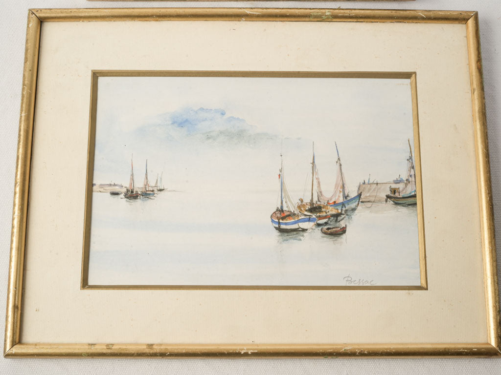 Pair of French Marine Watercolors of Sailboats at Low Tide Signed Bessac - 16¼" x 12¼"