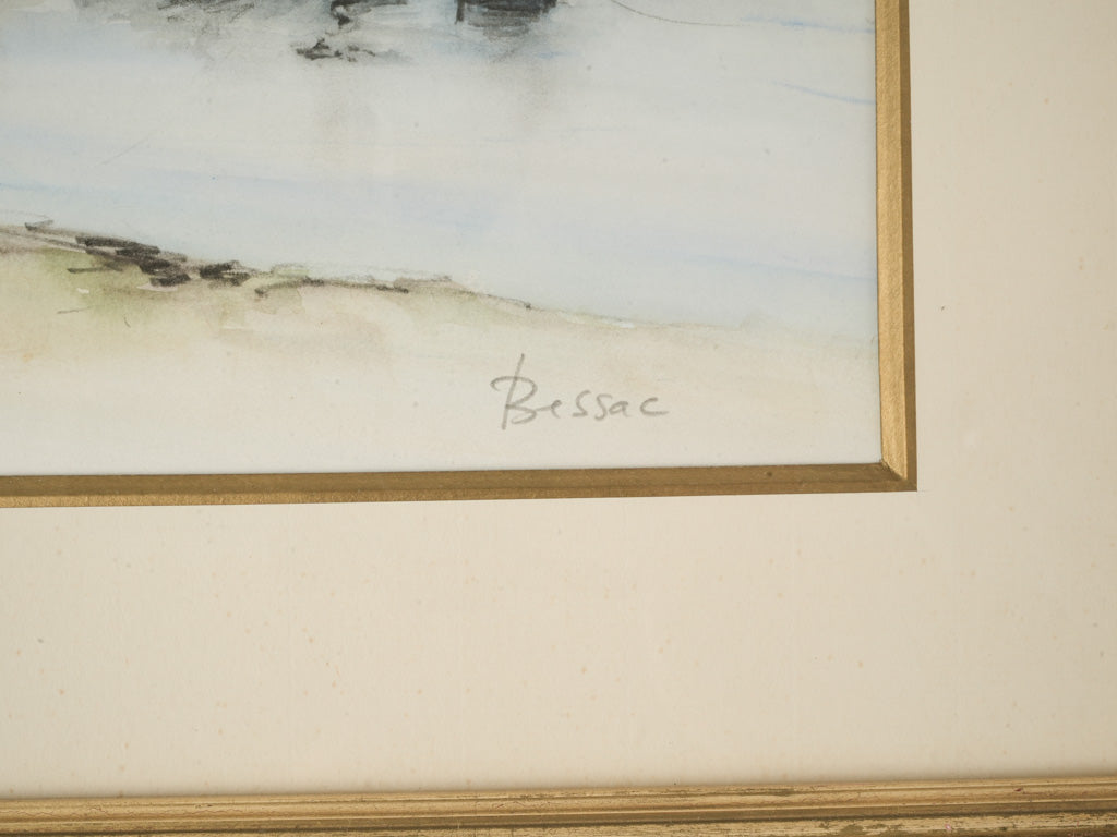 Pair of French Marine Watercolors of Sailboats at Low Tide Signed Bessac - 16¼" x 12¼"