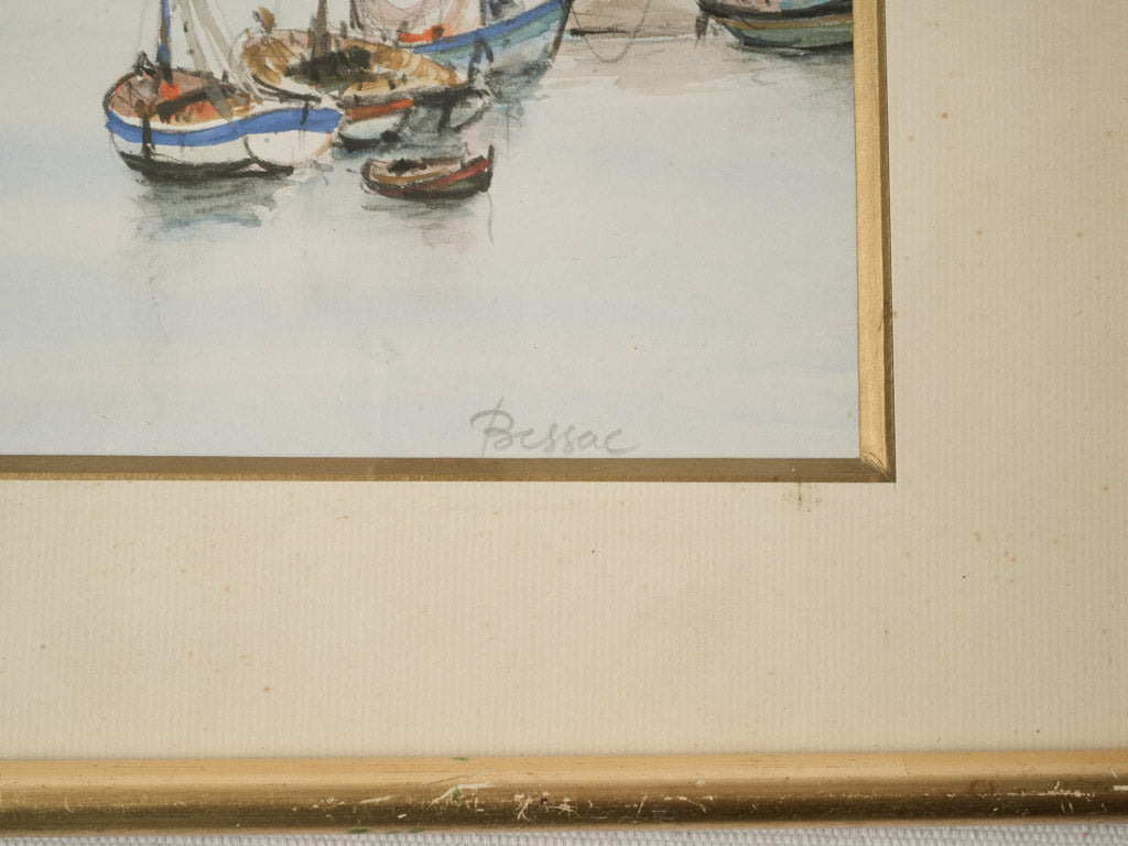 Pair of French Marine Watercolors of Sailboats at Low Tide Signed Bessac - 16¼" x 12¼"