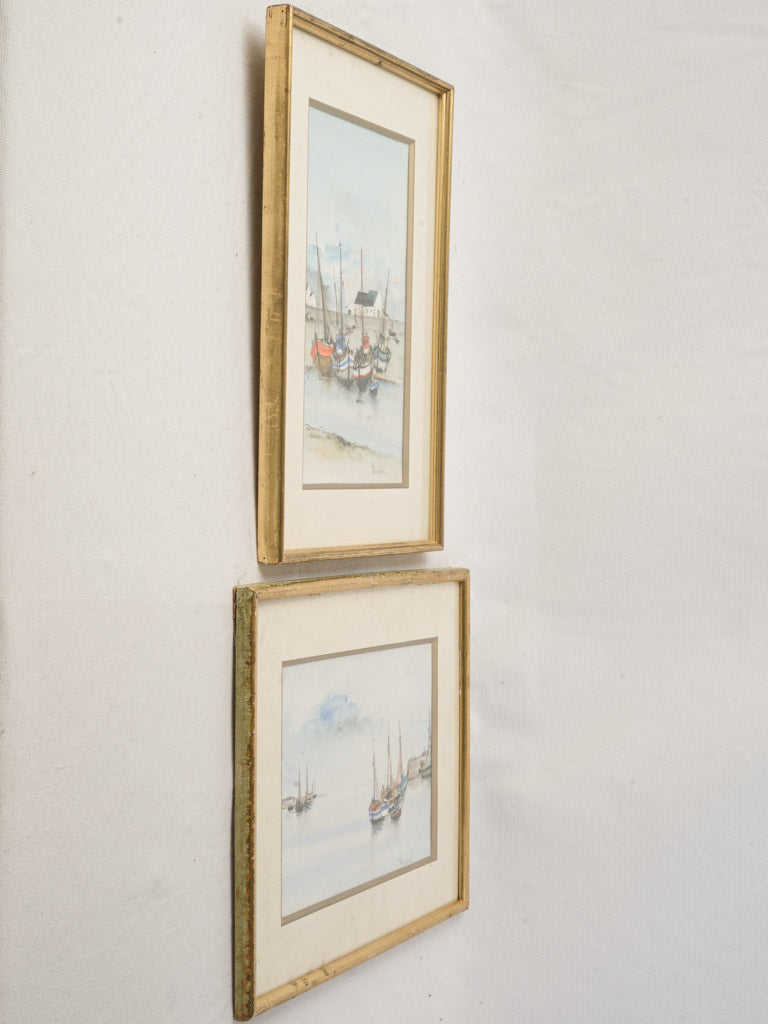 Pair of French Marine Watercolors of Sailboats at Low Tide Signed Bessac - 16¼" x 12¼"