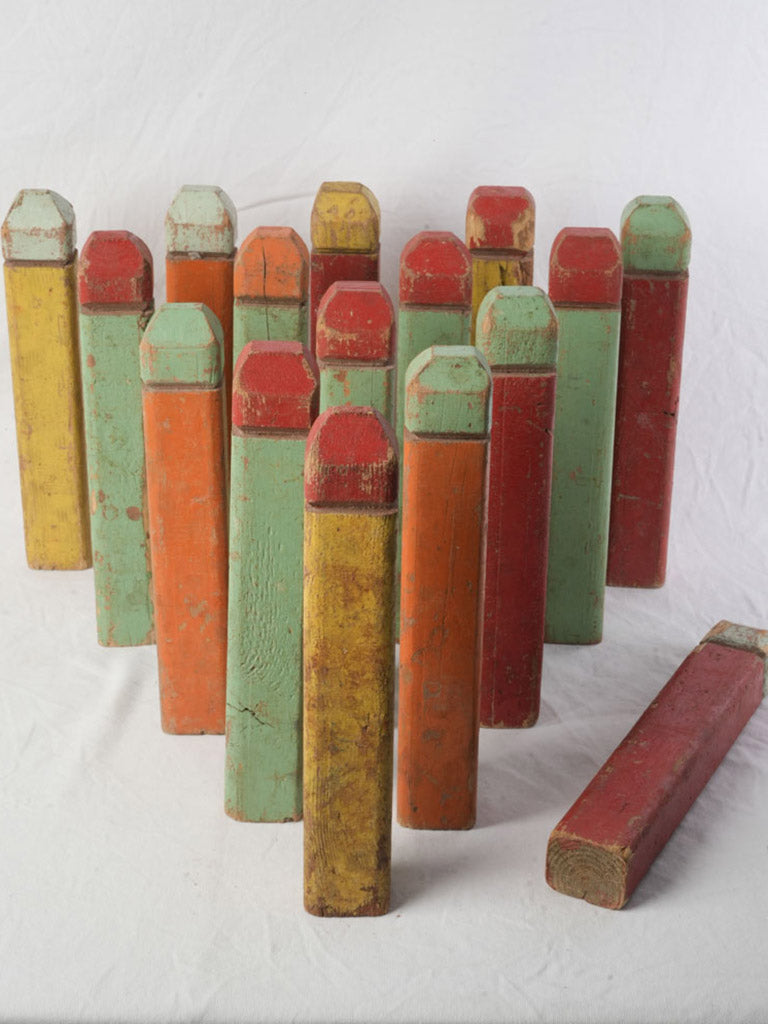 Set of 16 Colorful Mid-20th Century Painted Wooden Skittles - 15¾"
