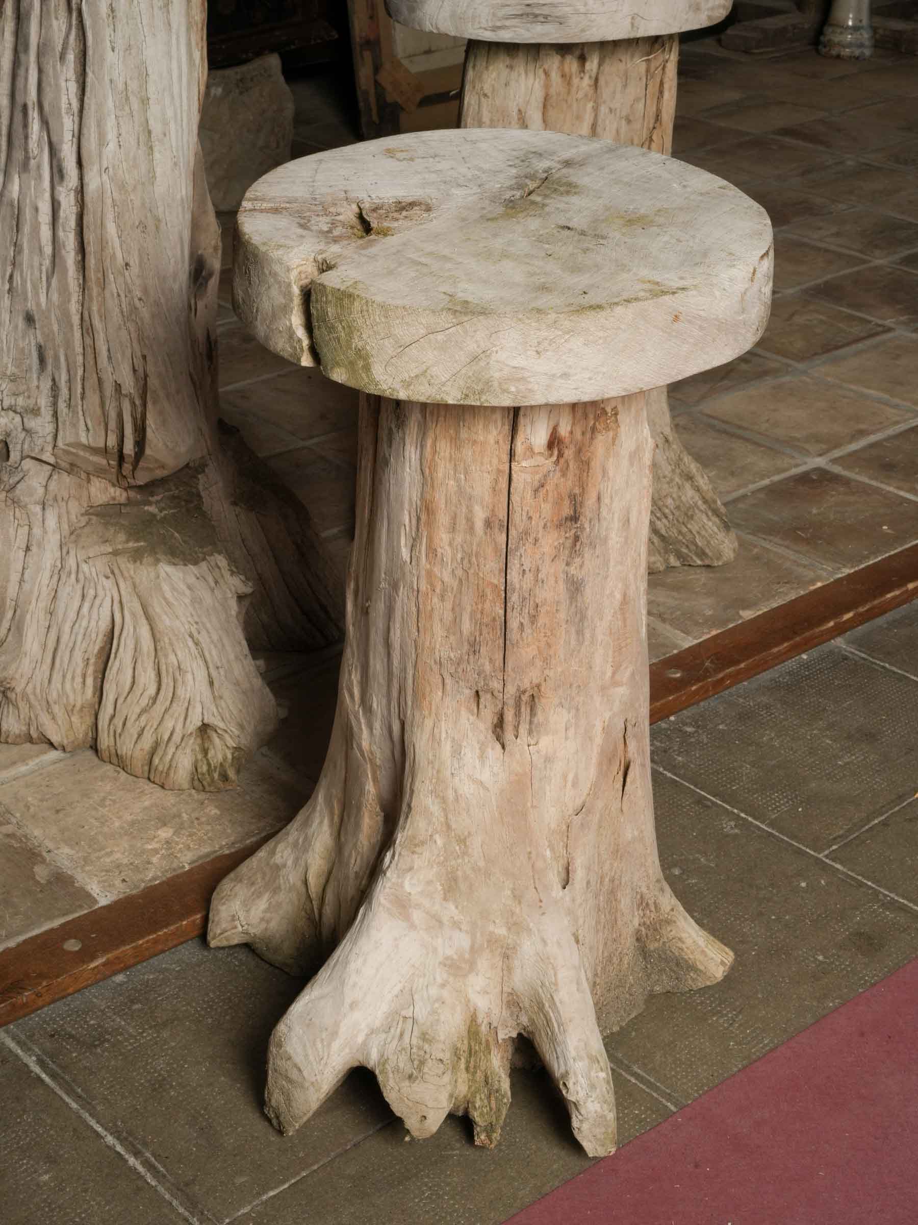 Naturalistic Driftwood Table and Three-Stool Ensemble, 20th Century.