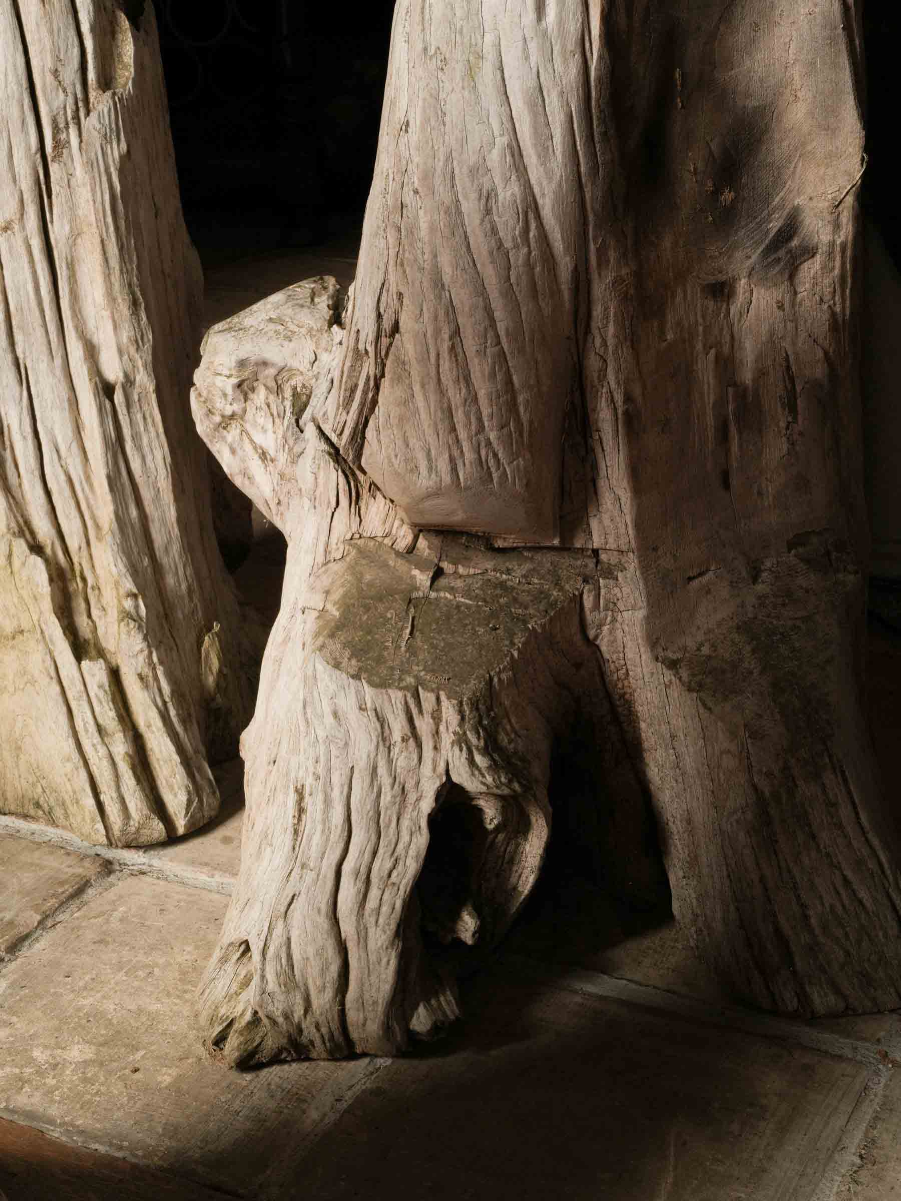 Naturalistic Driftwood Table and Three-Stool Ensemble, 20th Century.