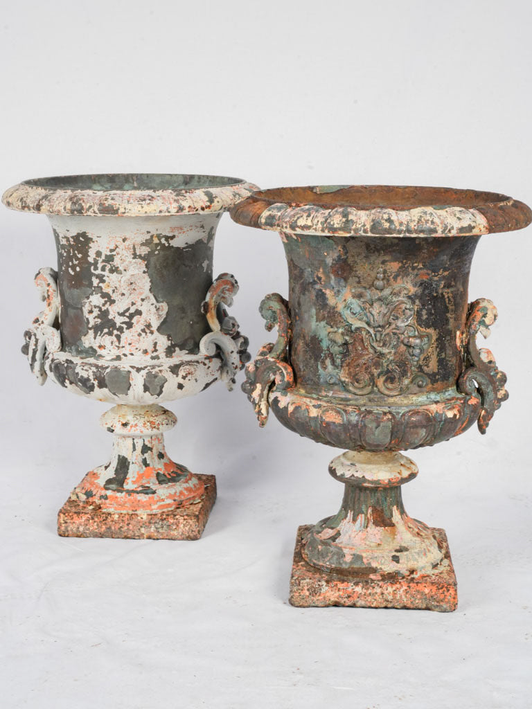 Pair Of Beautiful 19th-Century Cast Iron Medici Urns w/ Weathered White Finish - 24½"