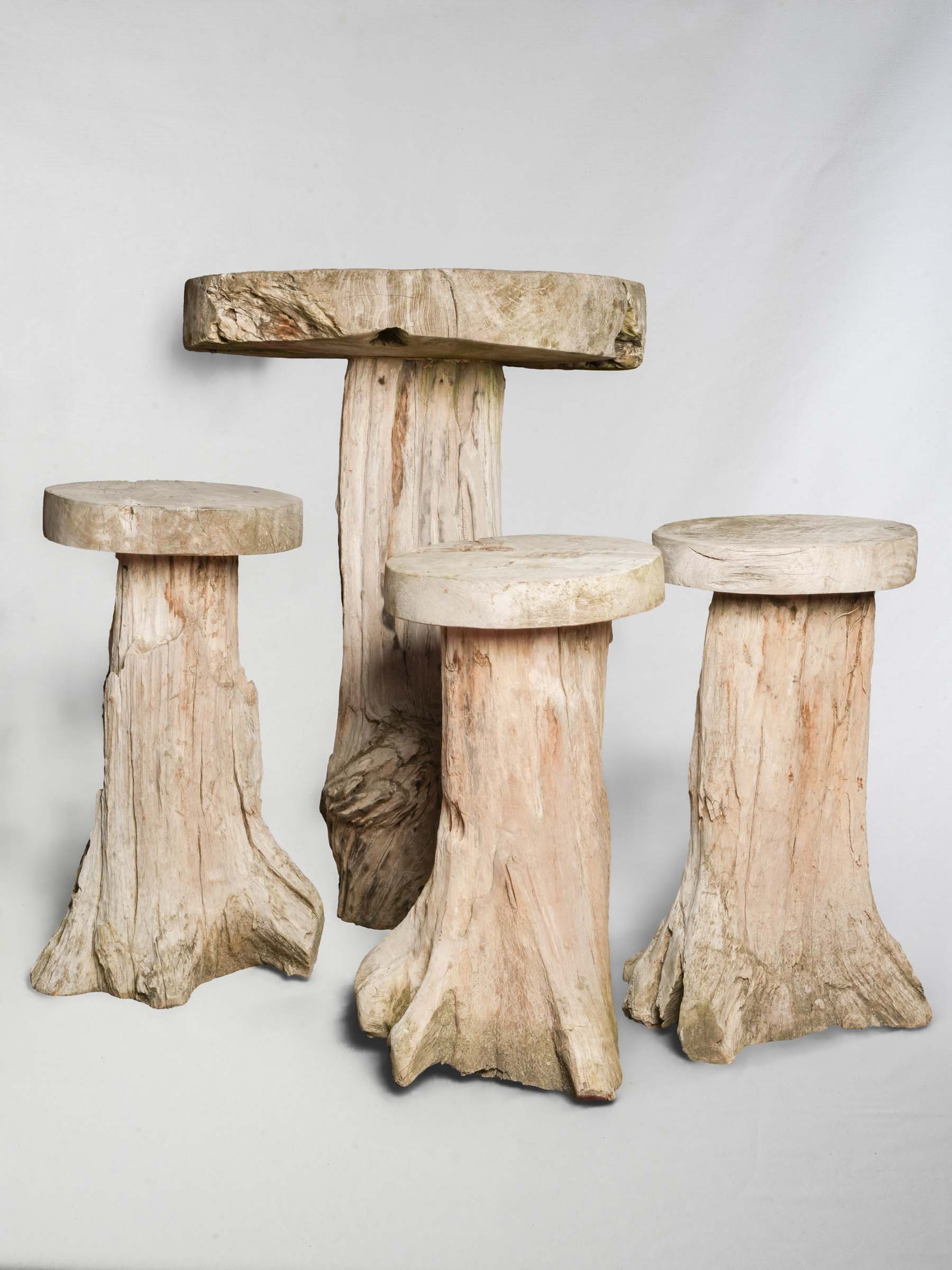 Naturalistic Driftwood Table and Three-Stool Ensemble, 20th Century.
