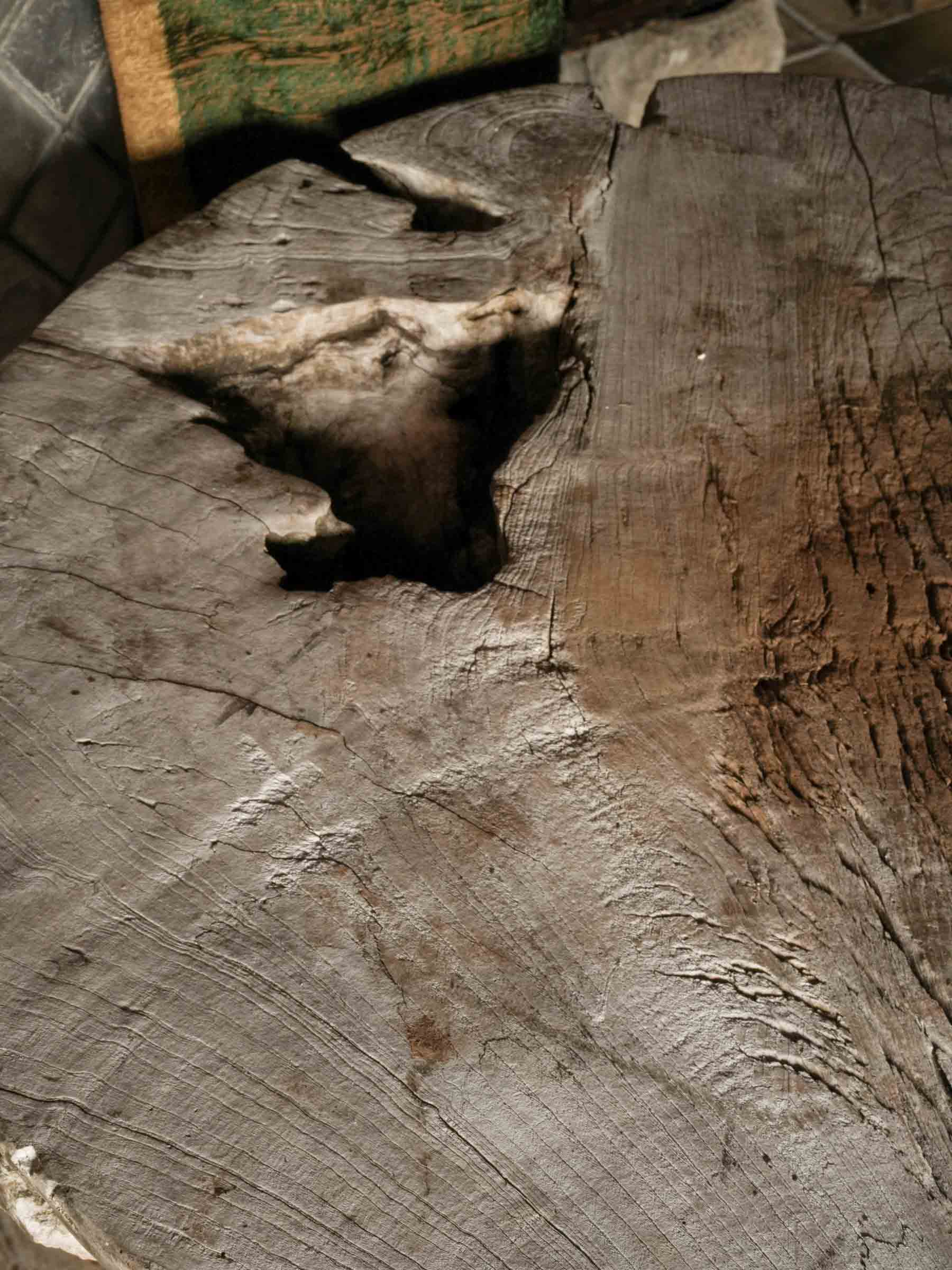 Naturalistic Driftwood Table and Three-Stool Ensemble, 20th Century.